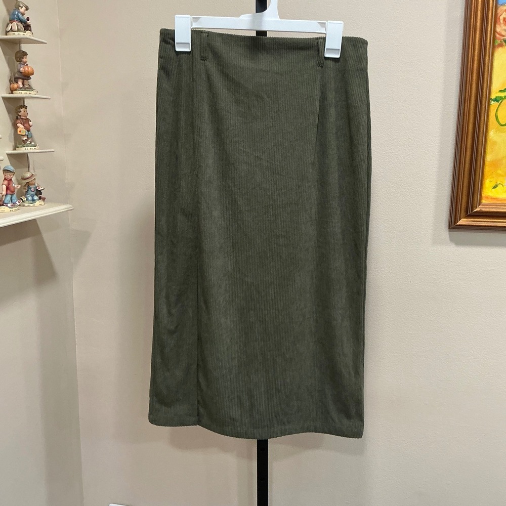 Halara Midi Skirt Corduroy Ribbed M Olive Green Front Slit High Waisted CS4DY